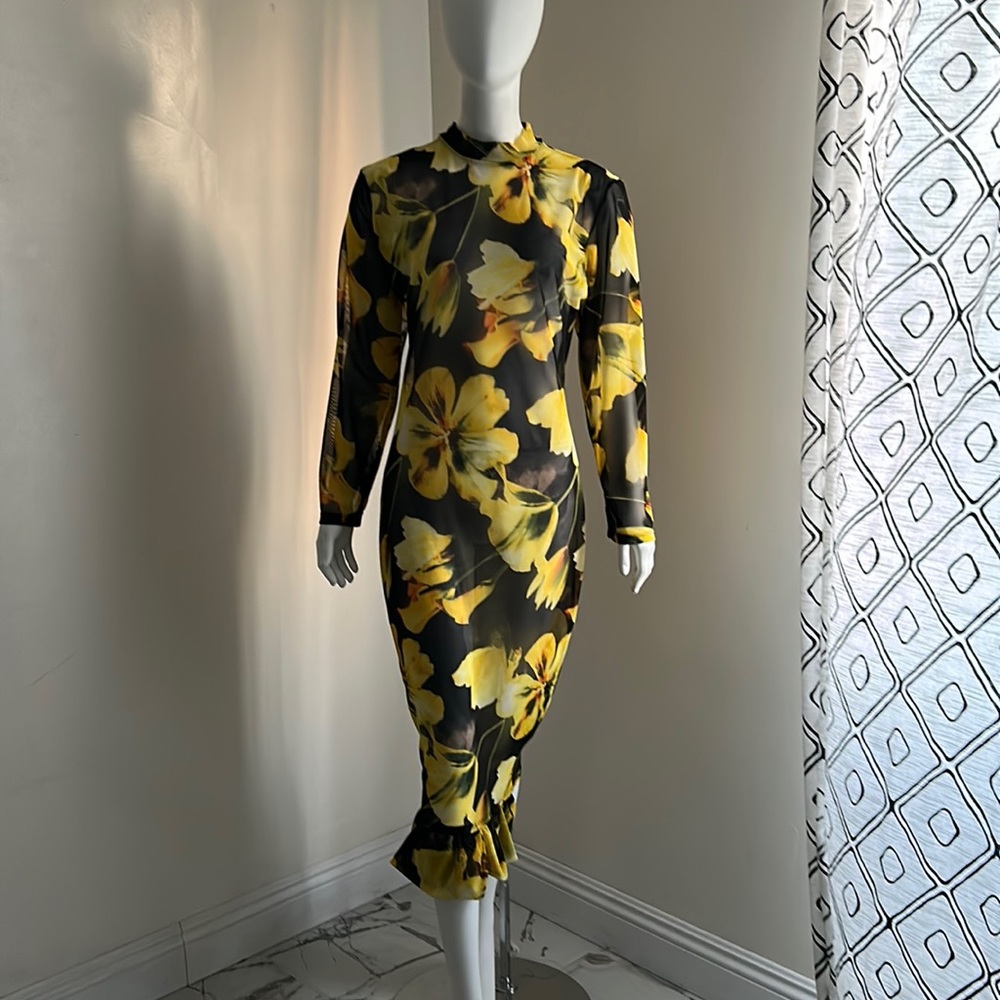 Yellow floral printed stretch tulle dress